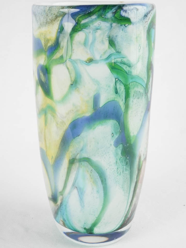 Tall blown glass vase w/ blue yellow & green swirls 12¼"