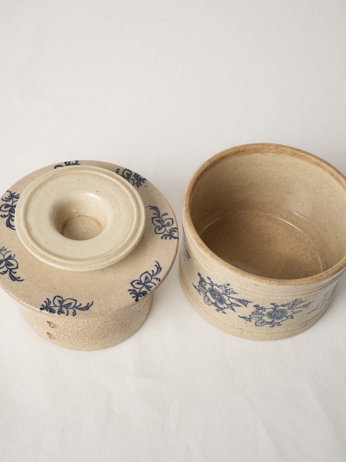Antique French Butter Keeper w/ Blue Floral Decoration - 5½"