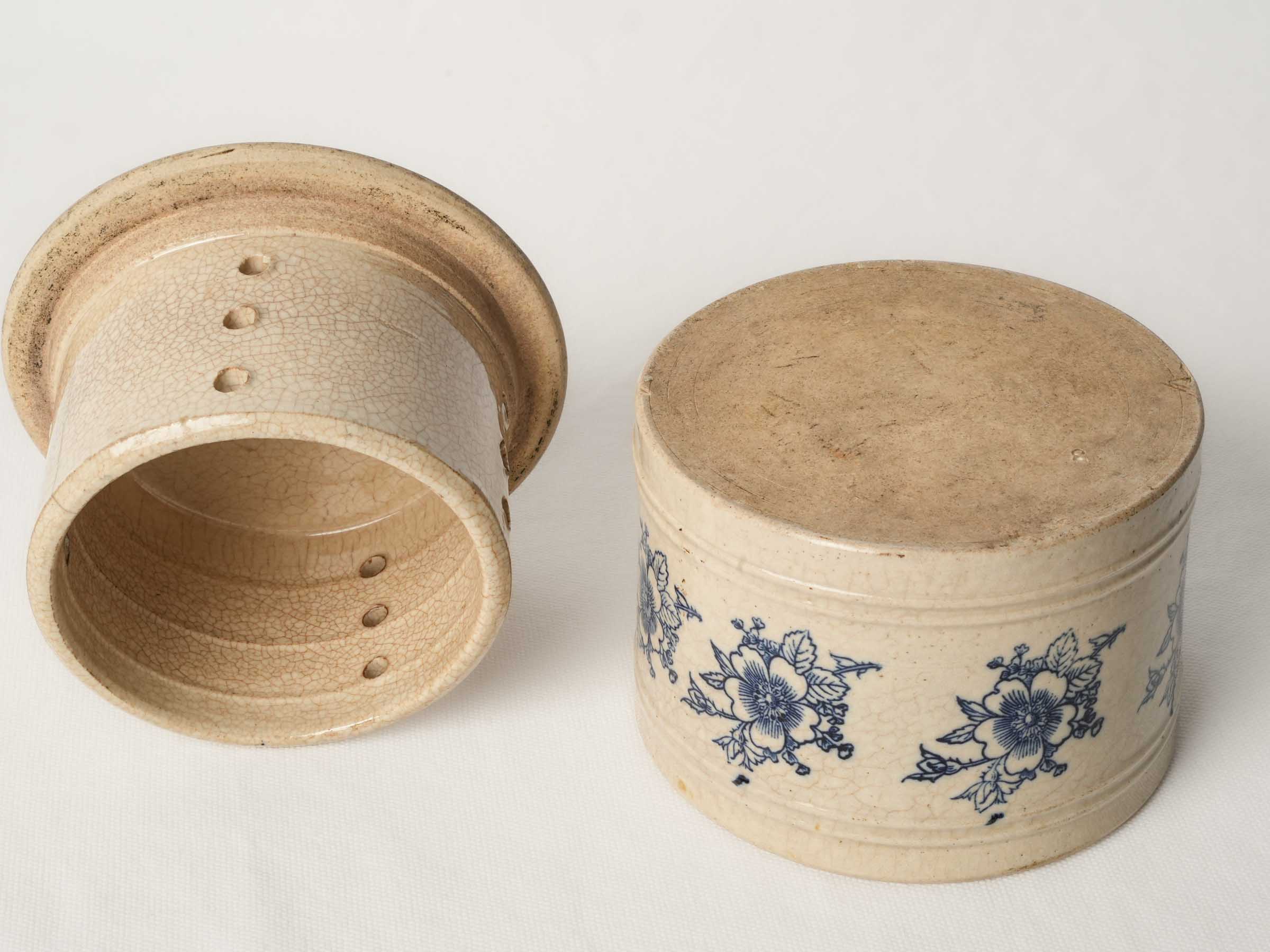 Antique French Butter Keeper w/ Blue Floral Decoration - 5½"