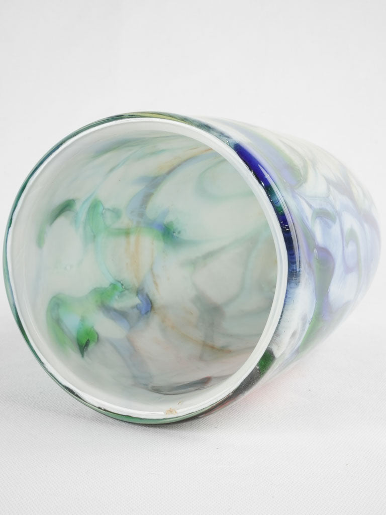 Tall blown glass vase w/ blue yellow & green swirls 12¼"