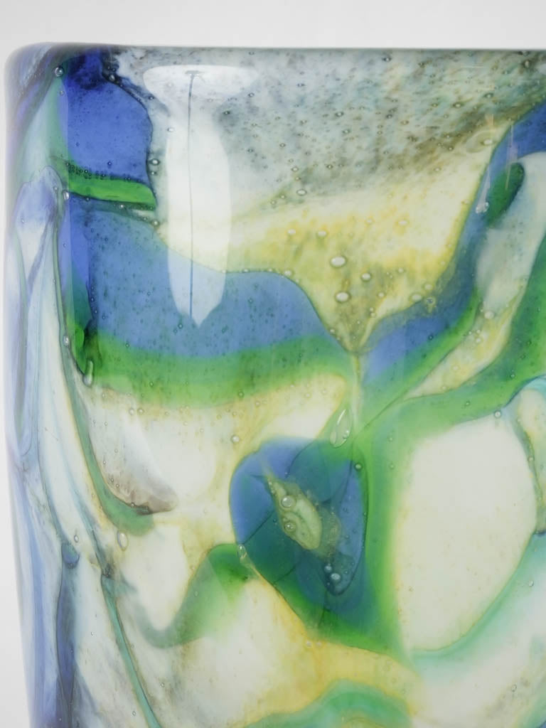 Tall blown glass vase w/ blue yellow & green swirls 12¼"