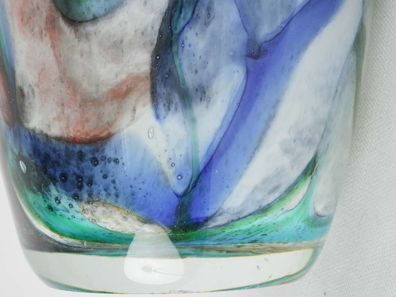 Tall blown glass vase w/ blue yellow & green swirls 12¼"