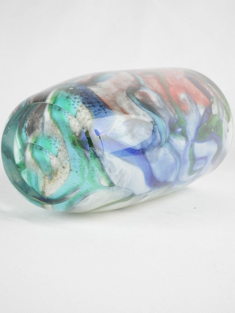 Tall blown glass vase w/ blue yellow & green swirls 12¼"