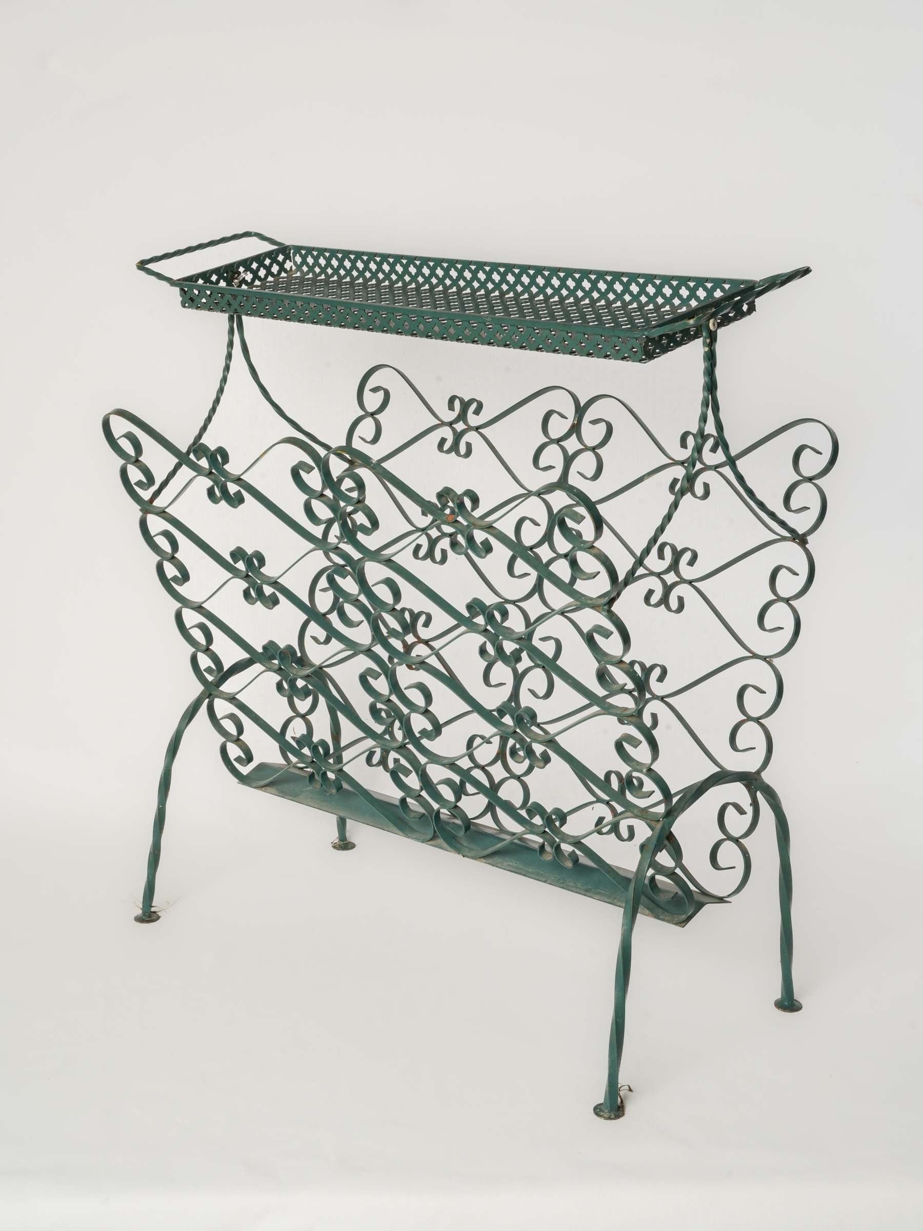 Mid-20th century Ornate Green-Painted Wrought Iron Magazine Rack - 21¾"