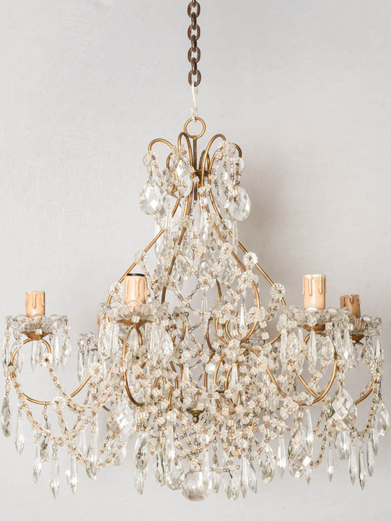 Petite French Six Light Glass Chandelier with Rich Sparkling Drops 1950s - 26" x 25½"
