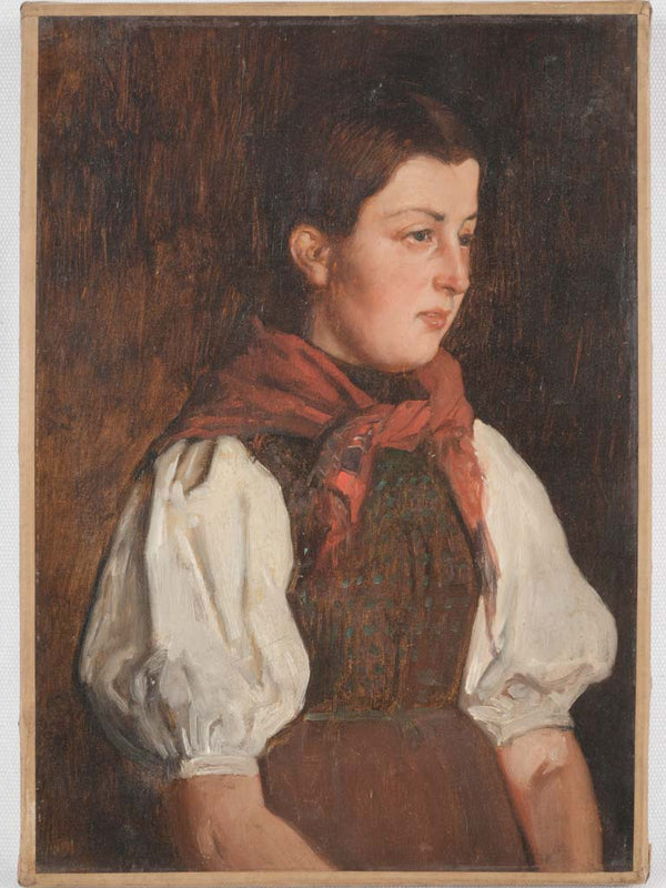 Antique oil portrait, peasant girl