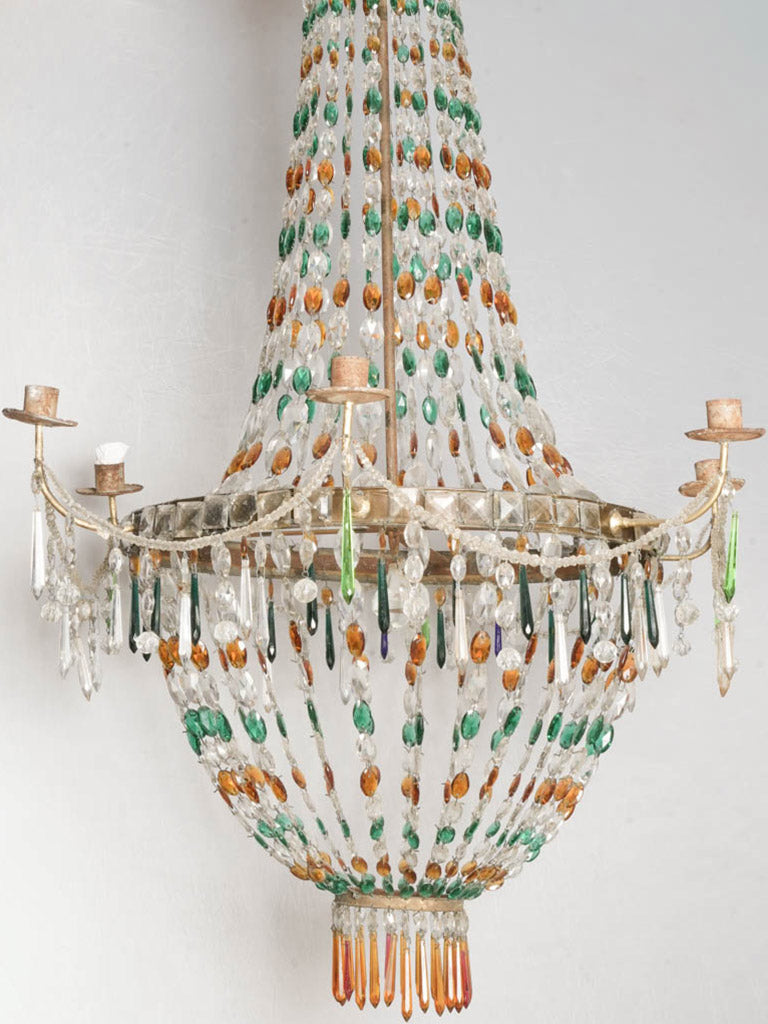 Striking Antique Venetian Chandelier w/ Emerald Green & Amber Glass Drops - 44½" x 43"