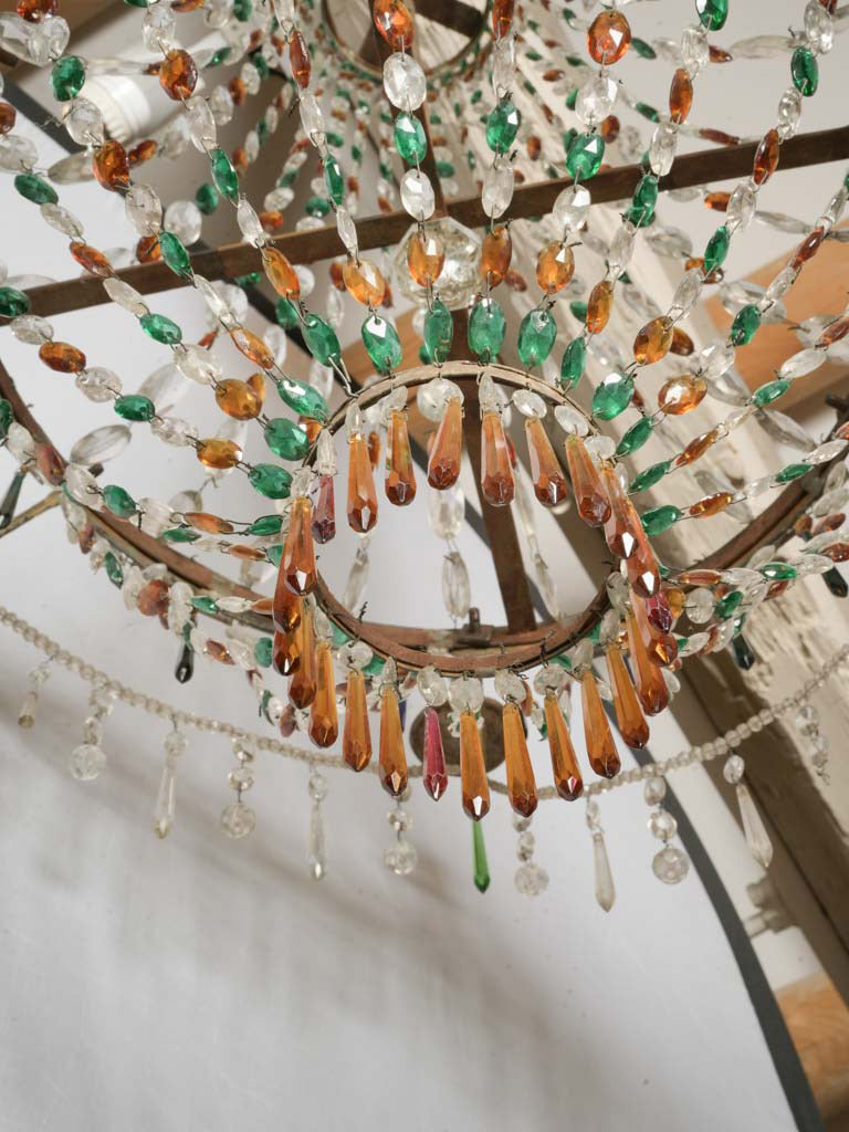 Striking Antique Venetian Chandelier w/ Emerald Green & Amber Glass Drops - 44½" x 43"