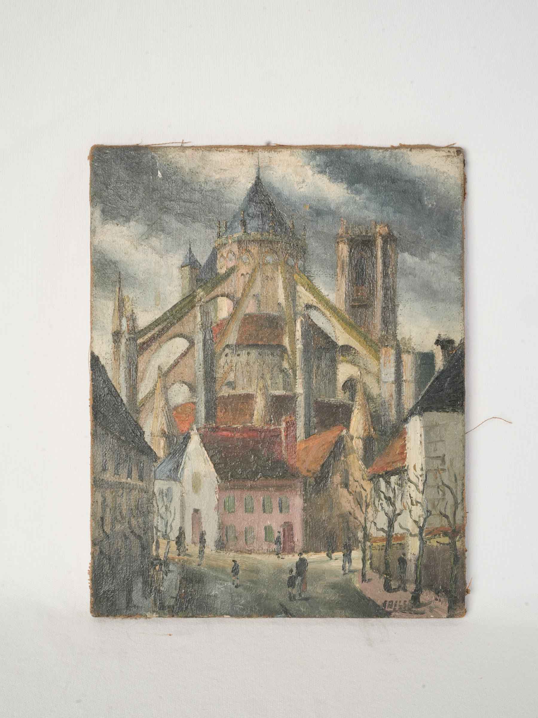 Village Street Beneath a Gothic Church, Early 20th-Century Oil on Canvas - 16¼" x 13"