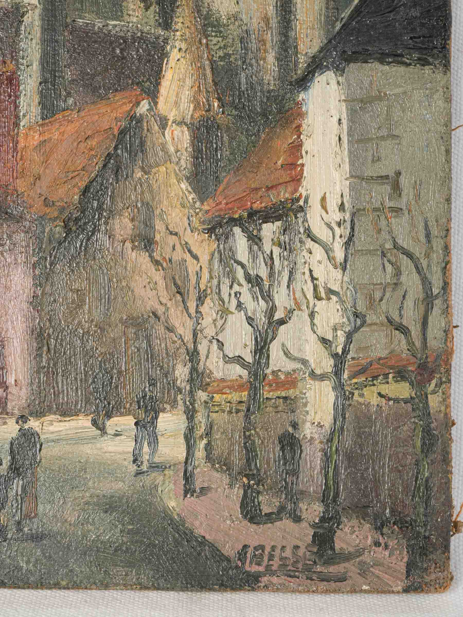 Village Street Beneath a Gothic Church, Early 20th-Century Oil on Canvas - 16¼" x 13"