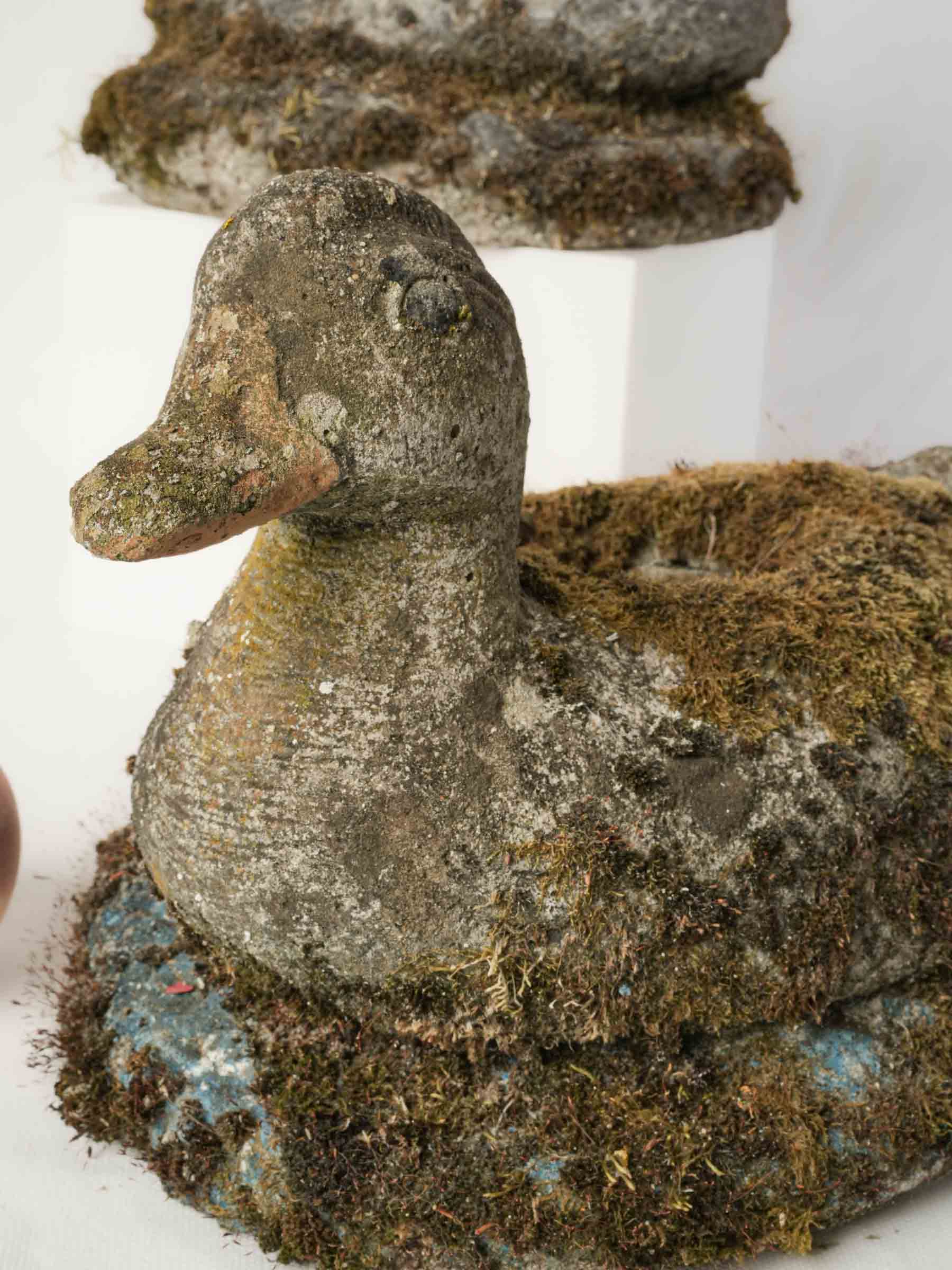 Pair of French Concrete Garden Ducks w/ Superb Mossy Patina - 11¾"