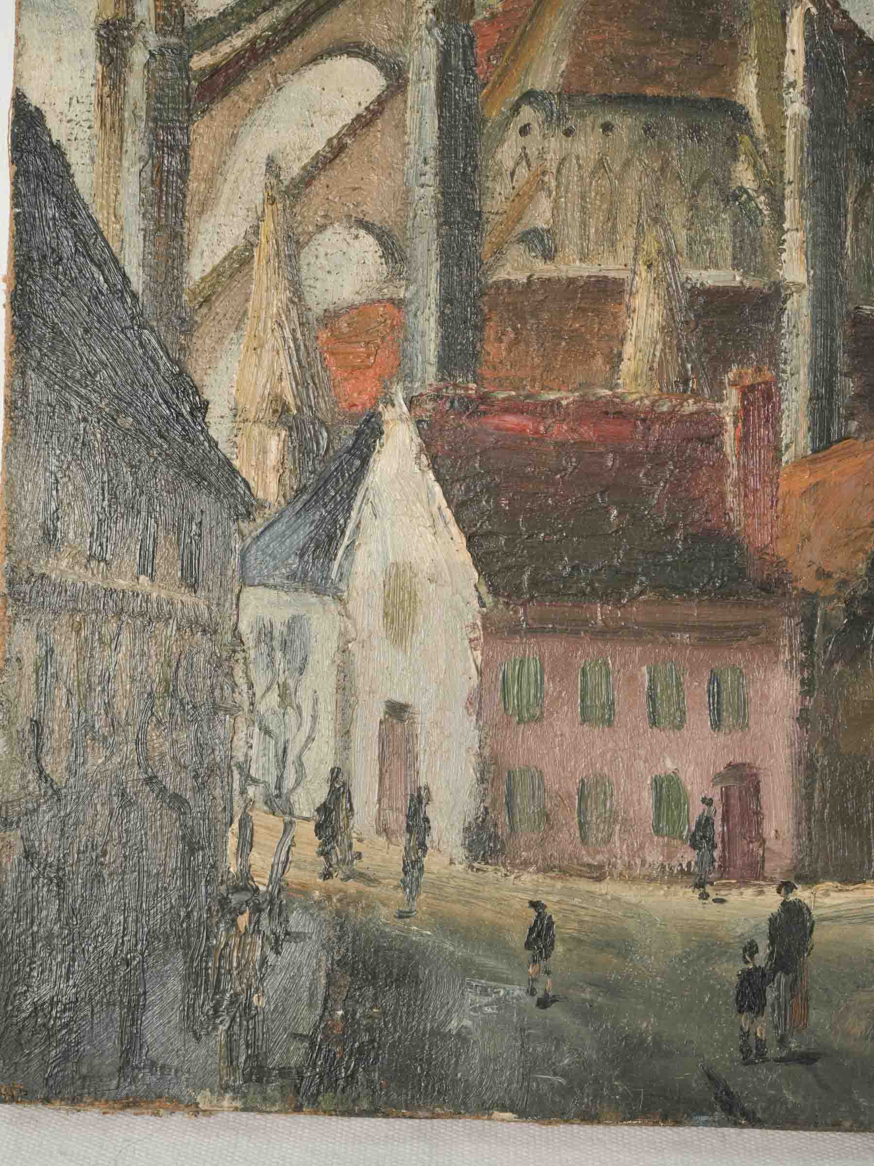 Village Street Beneath a Gothic Church, Early 20th-Century Oil on Canvas - 16¼" x 13"