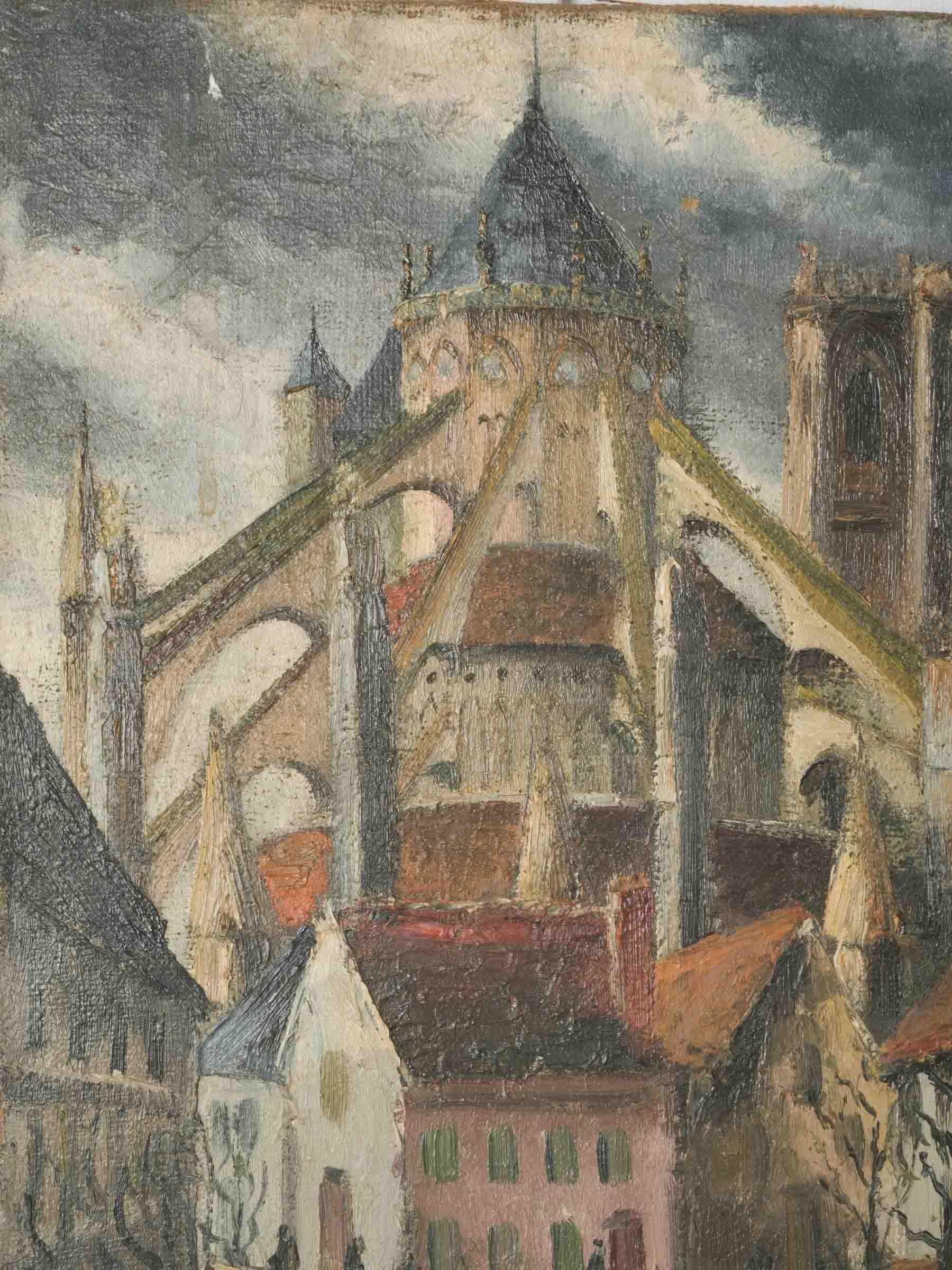 Village Street Beneath a Gothic Church, Early 20th-Century Oil on Canvas - 16¼" x 13"