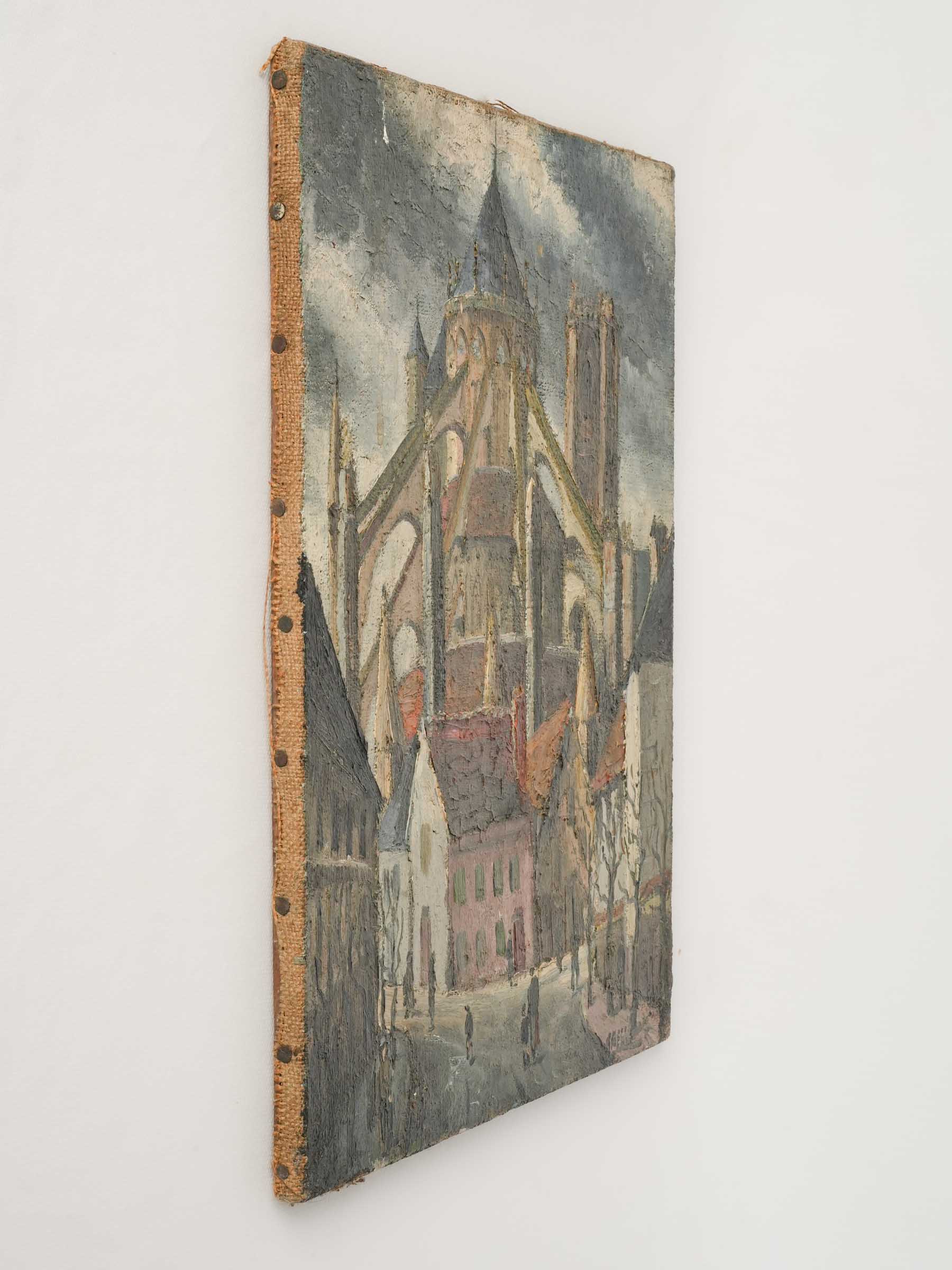 Village Street Beneath a Gothic Church, Early 20th-Century Oil on Canvas - 16¼" x 13"