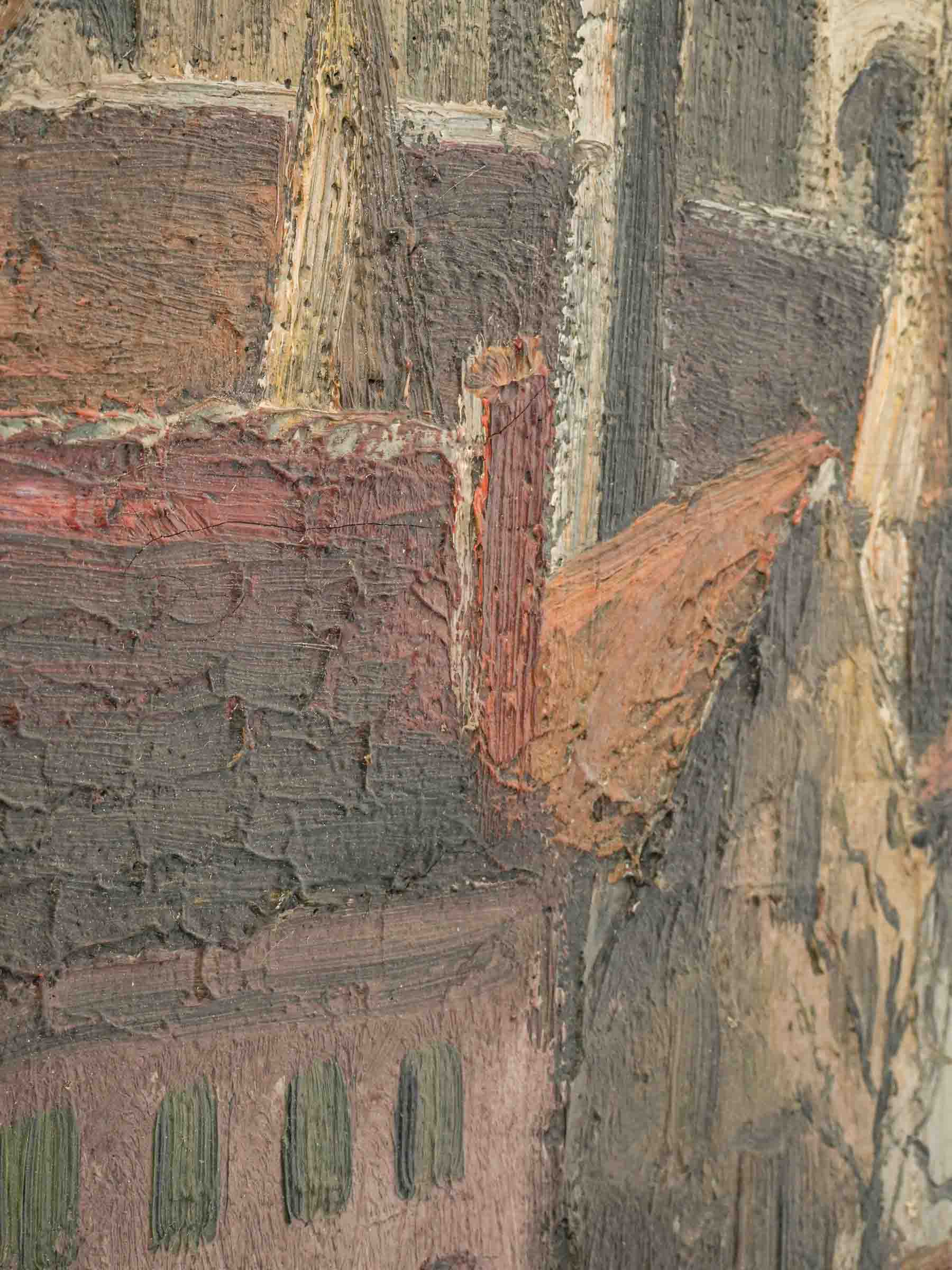Village Street Beneath a Gothic Church, Early 20th-Century Oil on Canvas - 16¼" x 13"