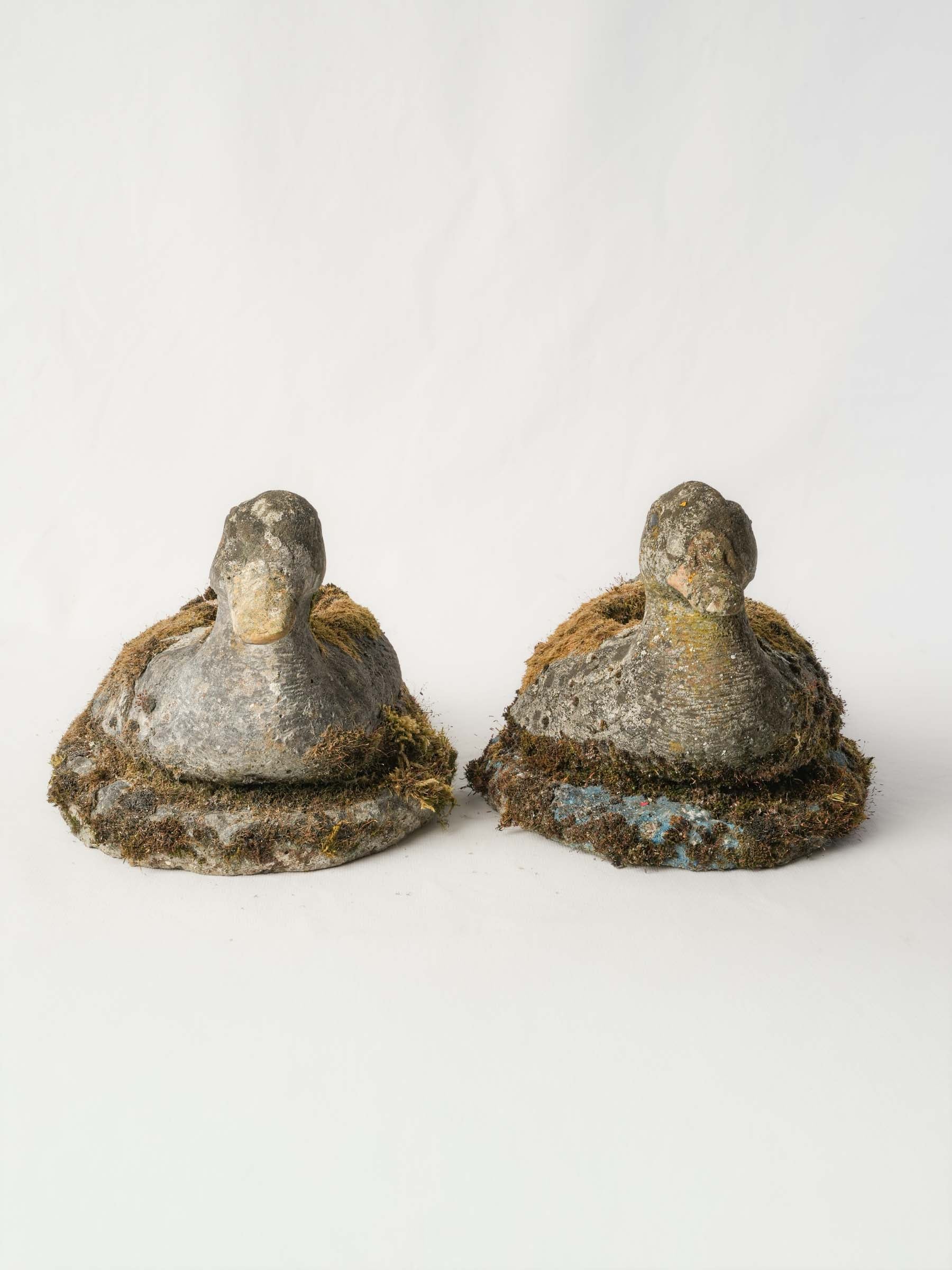 Pair of French Concrete Garden Ducks w/ Superb Mossy Patina - 11¾"