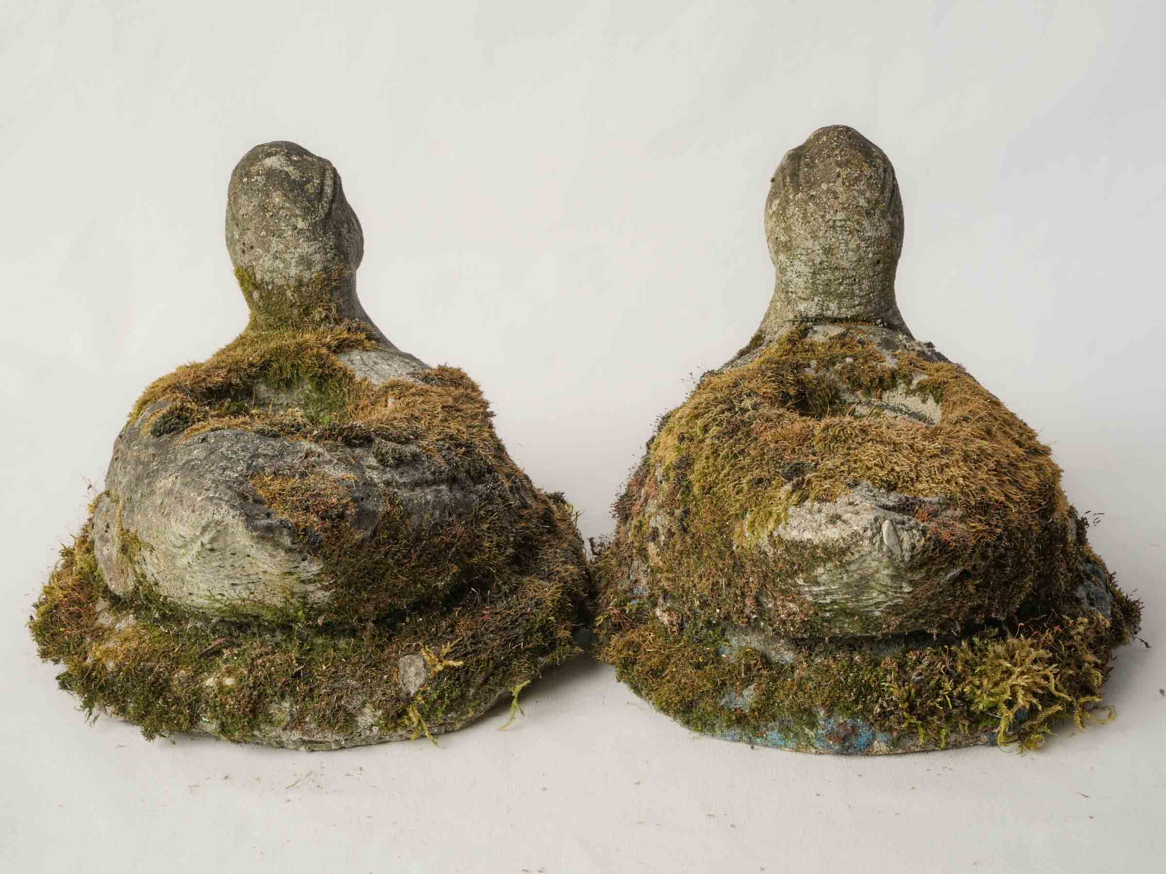 Pair of French Concrete Garden Ducks w/ Superb Mossy Patina - 11¾"