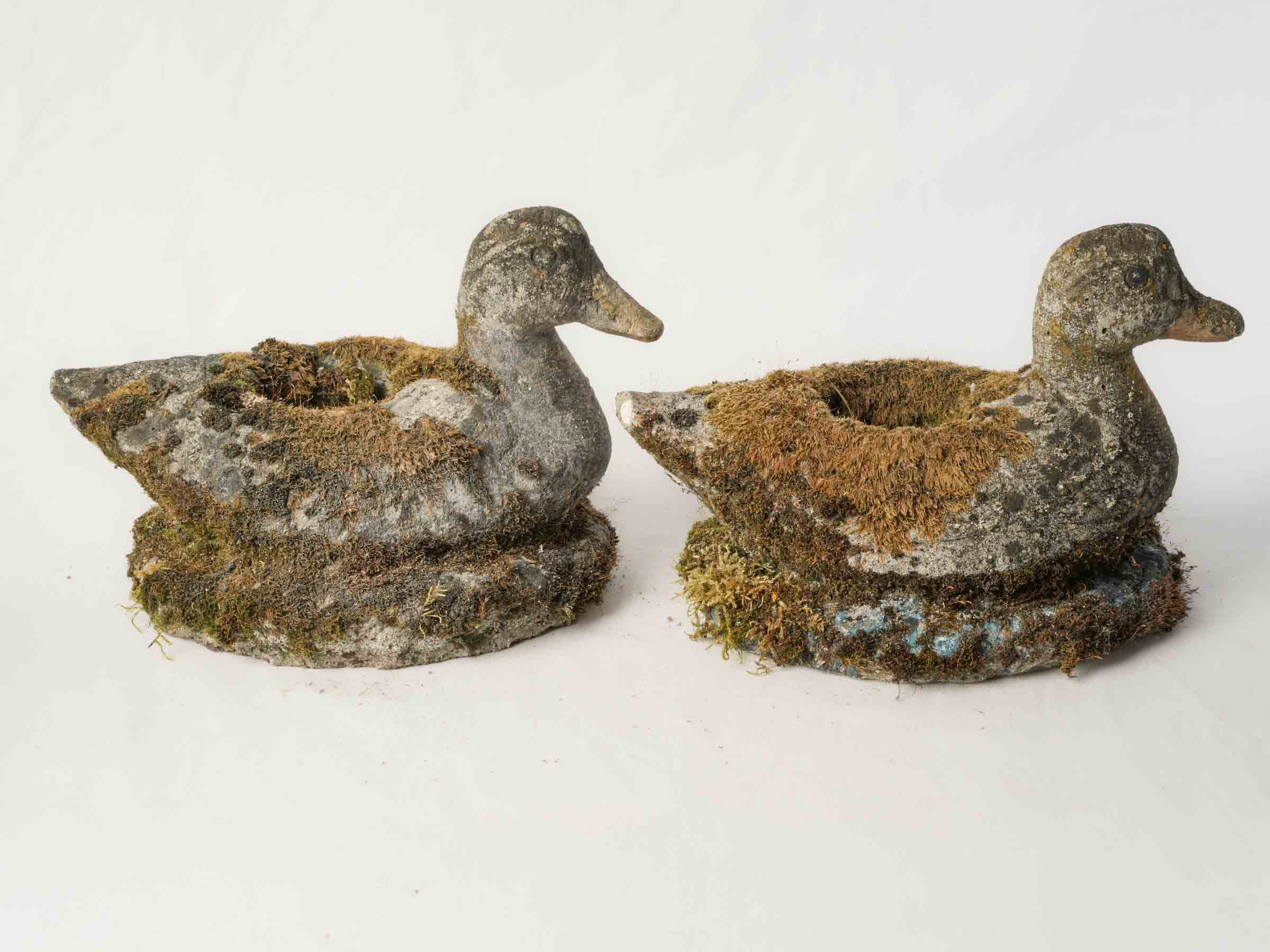 Pair of French Concrete Garden Ducks w/ Superb Mossy Patina - 11¾"