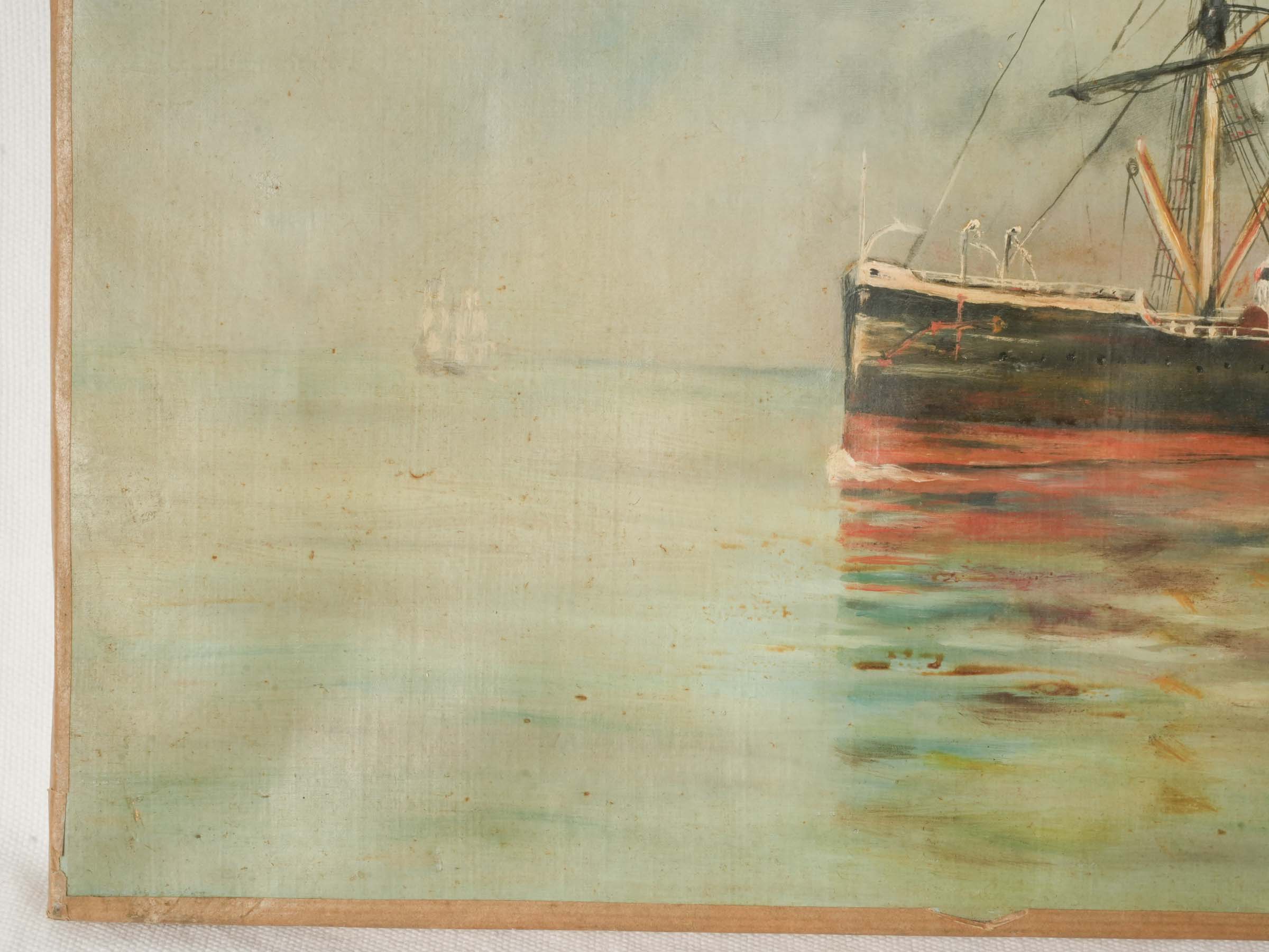 Oil on Canvas of a Steam-Powered Sailing Vessel on Calm Waters, c. 1920 - 15¼" x 24½"