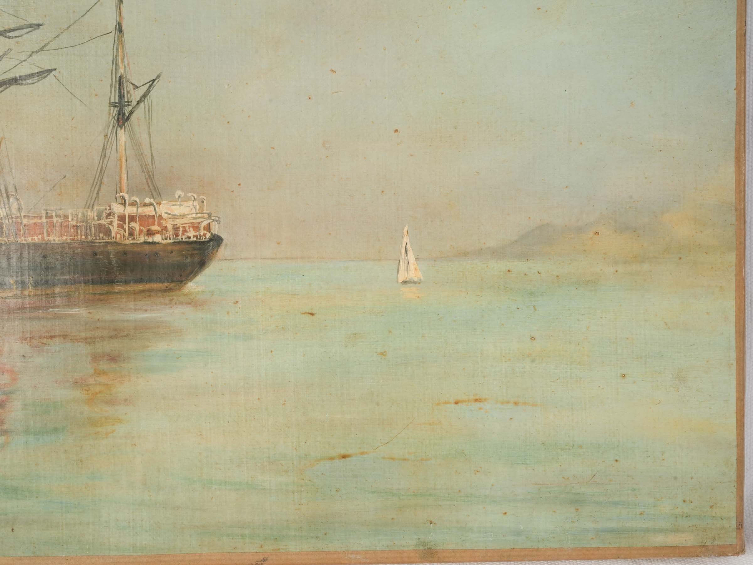 Oil on Canvas of a Steam-Powered Sailing Vessel on Calm Waters, c. 1920 - 15¼" x 24½"