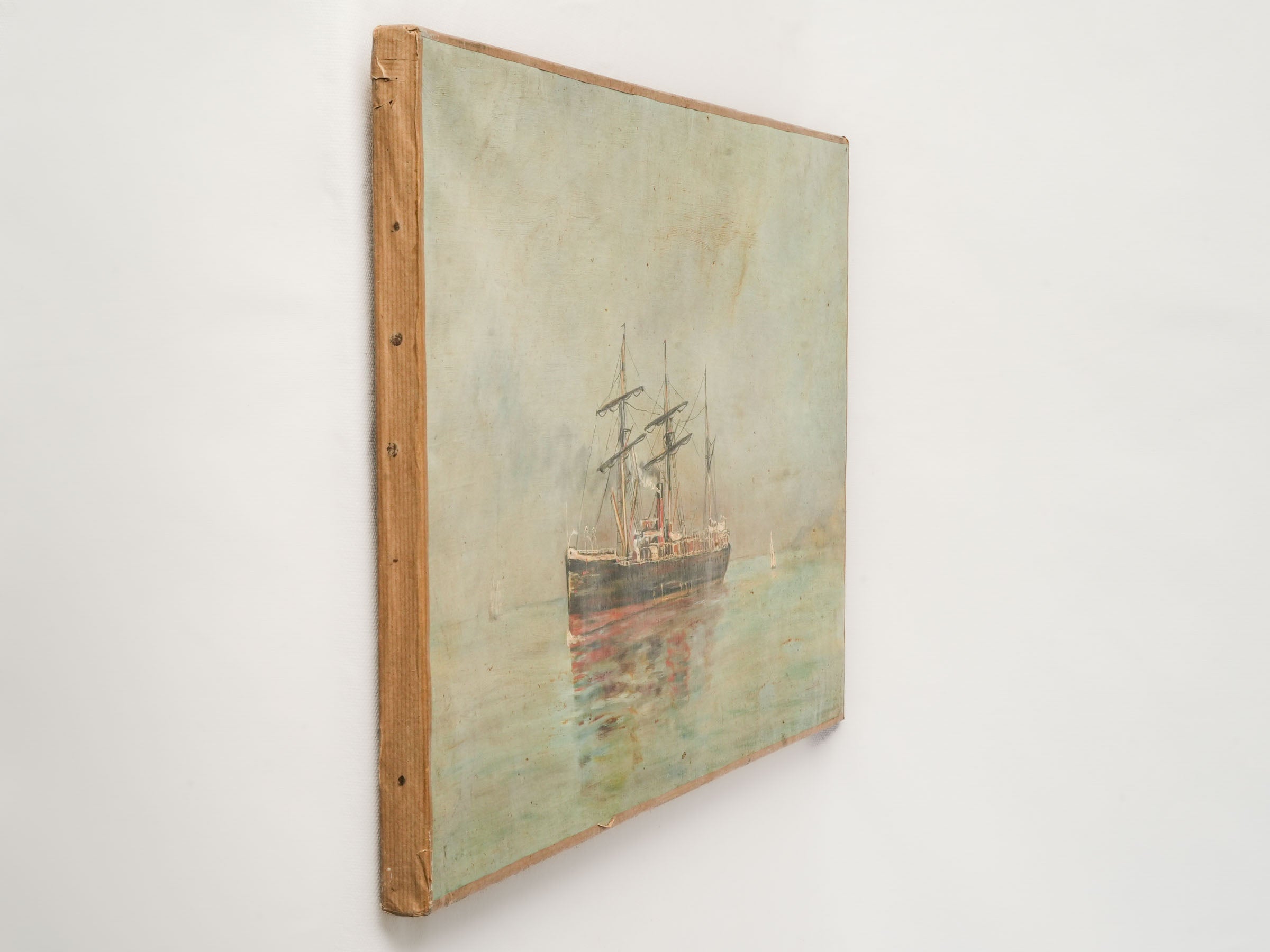 Oil on Canvas of a Steam-Powered Sailing Vessel on Calm Waters, c. 1920 - 15¼" x 24½"