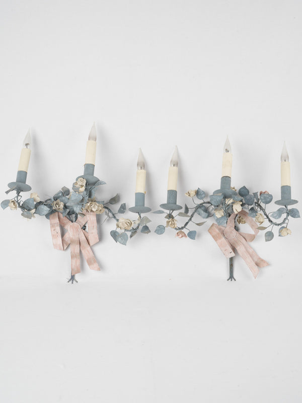 Pair of pretty wall sconces w/ bows & roses - pink & blue 17¾"