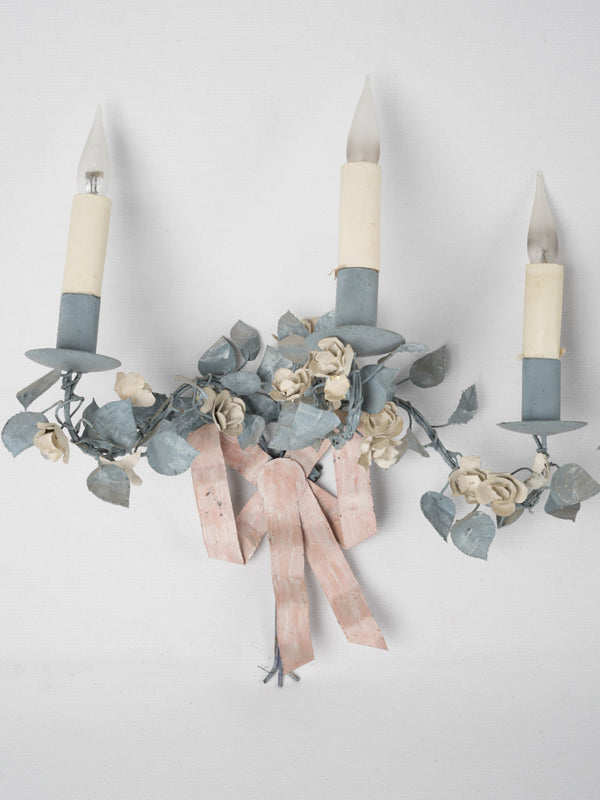 Pair of pretty wall sconces w/ bows & roses - pink & blue 17¾"