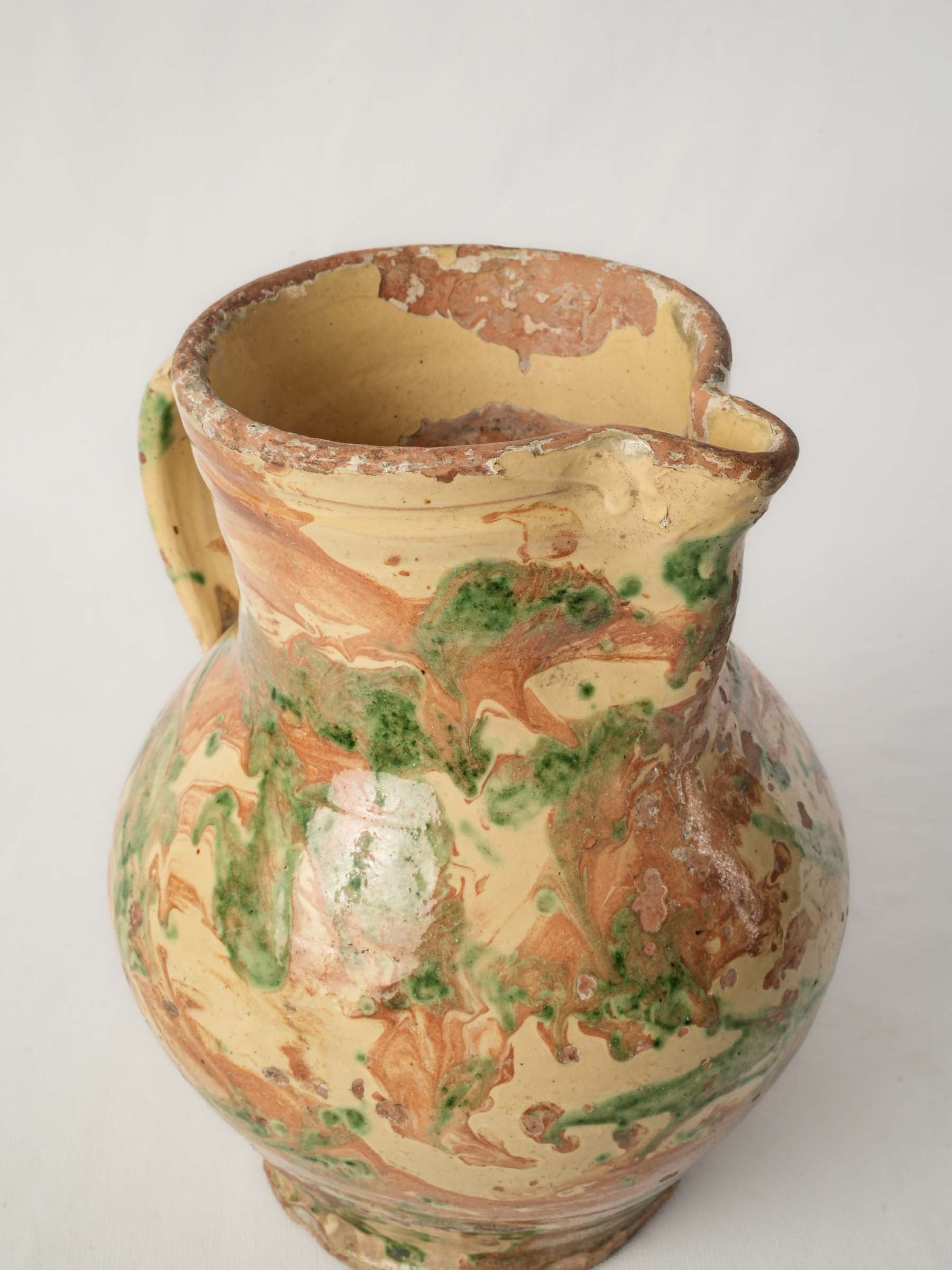 Large Antique Marbled-Glazed Ceramic Pitcher from the French Alps - 10¾"