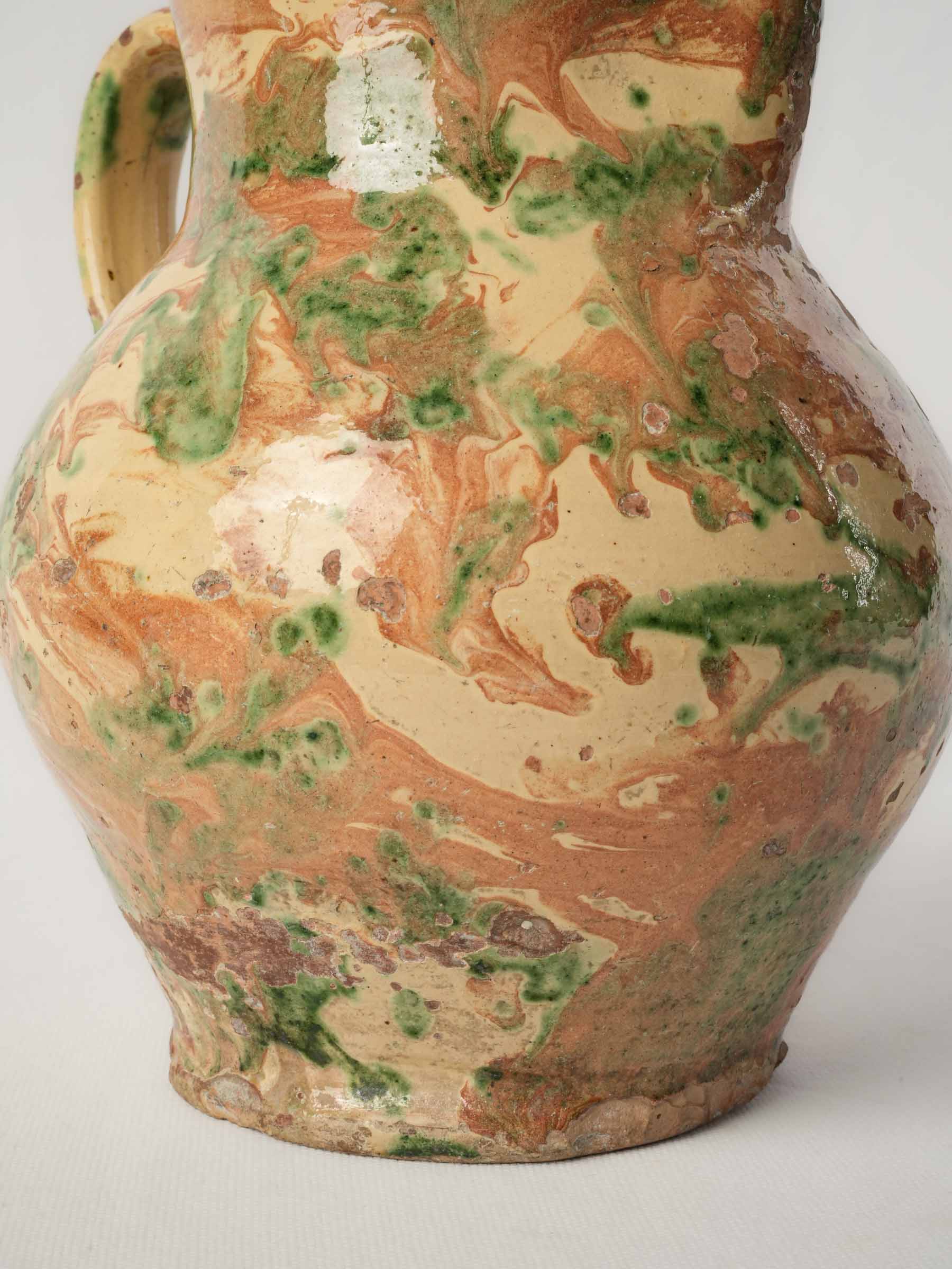 Large Antique Marbled-Glazed Ceramic Pitcher from the French Alps - 10¾"