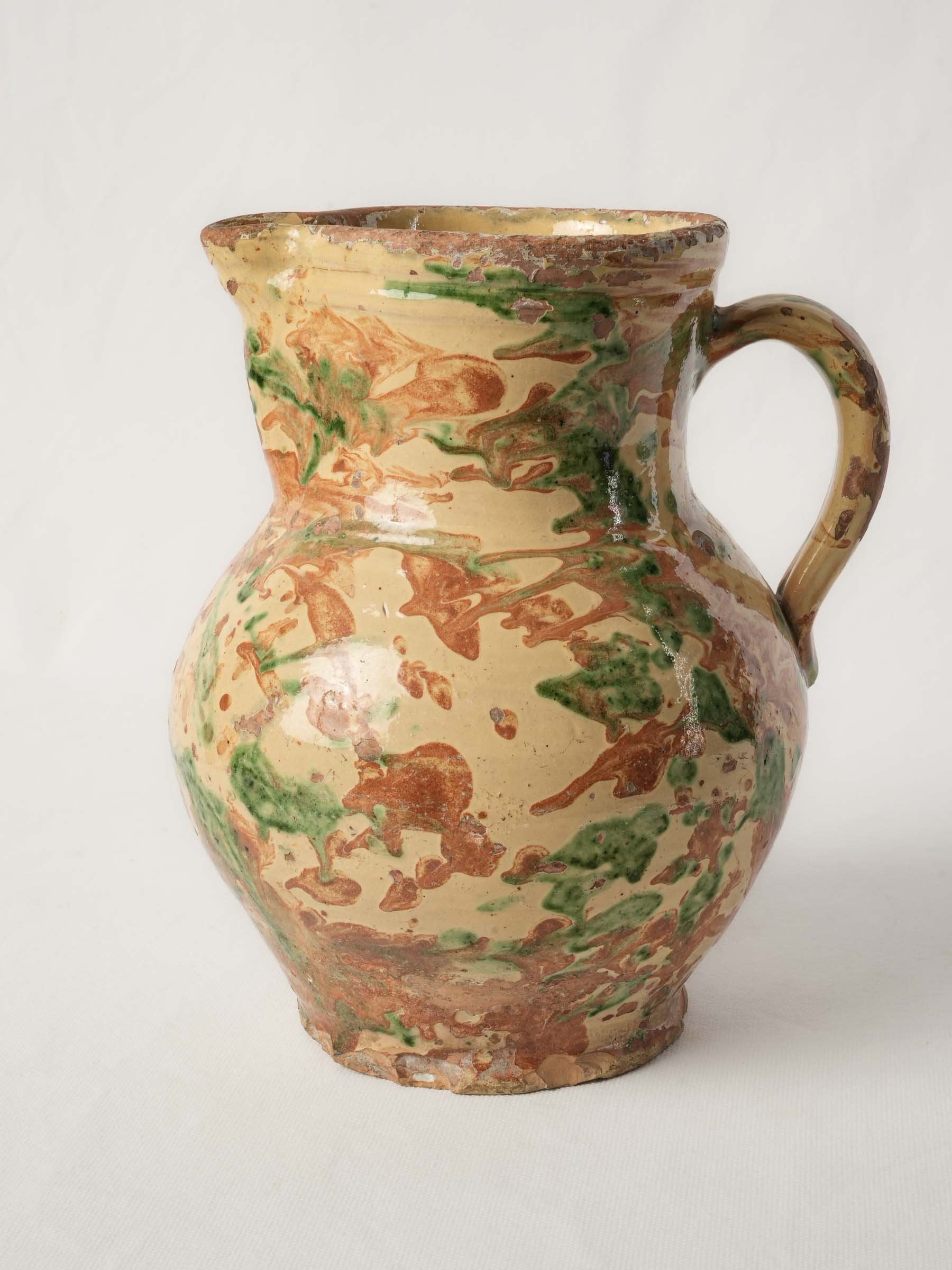 Large Antique Marbled-Glazed Ceramic Pitcher from the French Alps - 10¾"