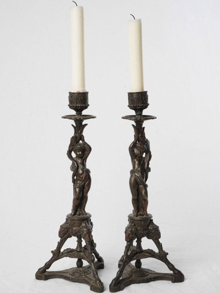 Refined aged patina metal candlesticks  