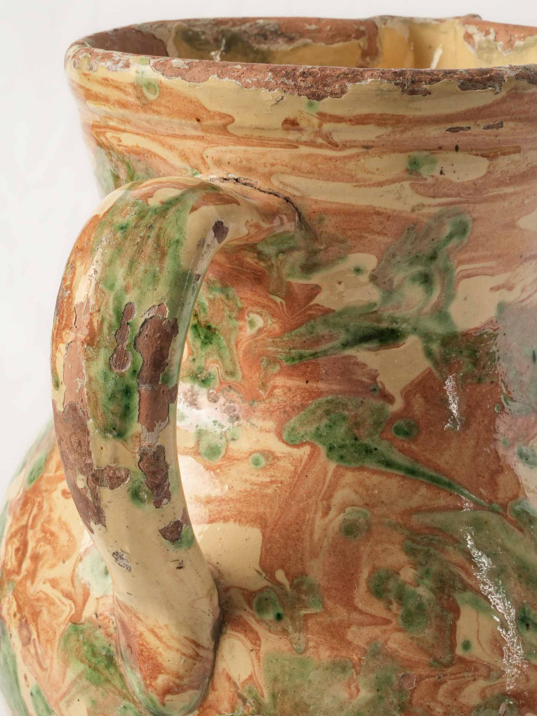 Large Antique Marbled-Glazed Ceramic Pitcher from the French Alps - 10¾"