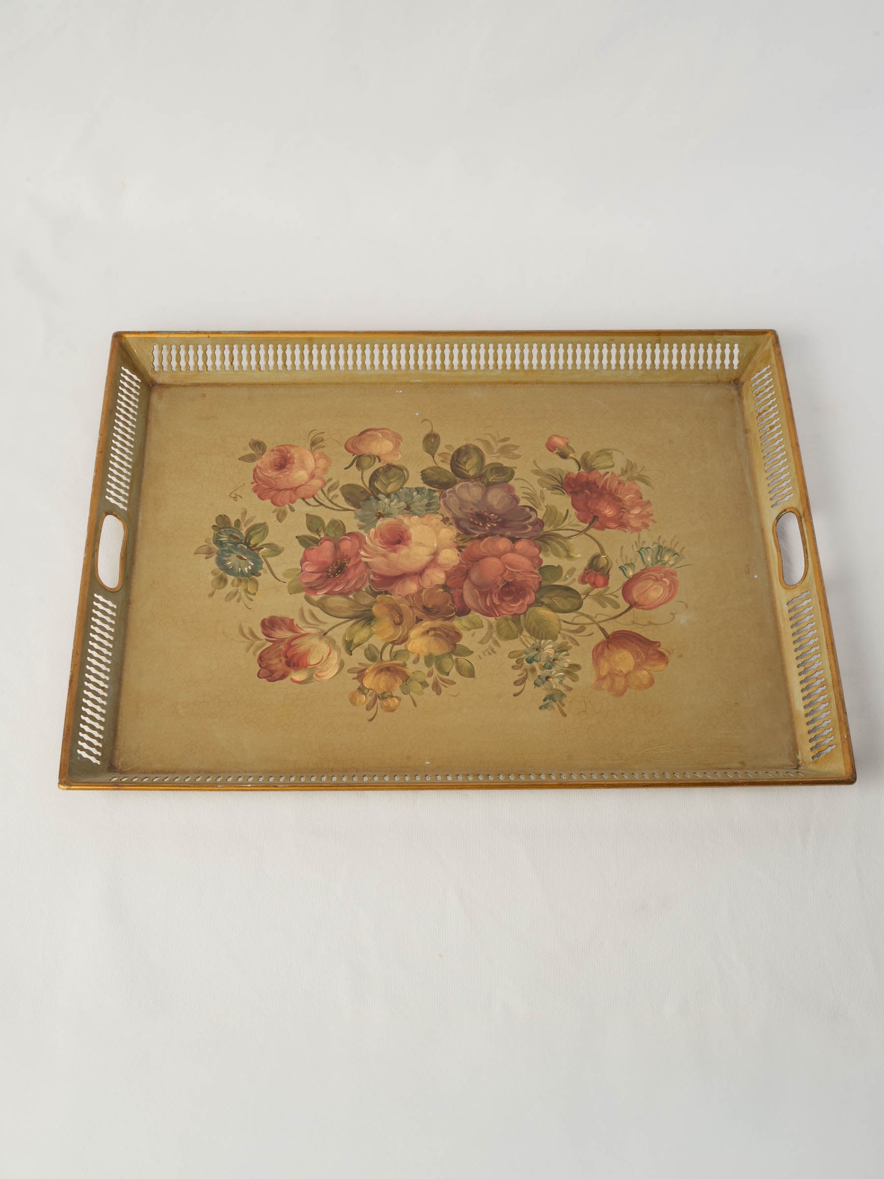 Mid-20th-Century French Painted Metal Serving Tray with Floral Bouquet - 20"
