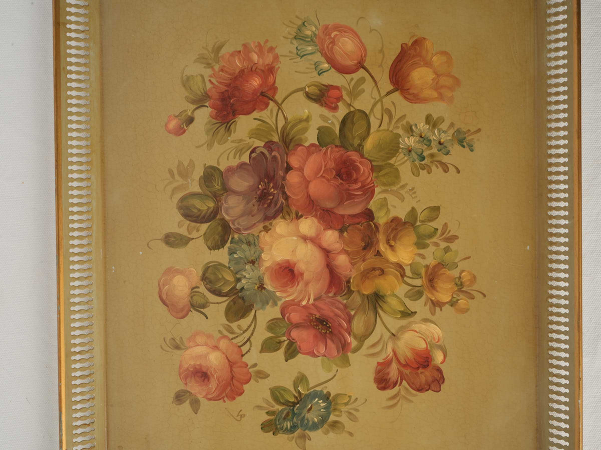 Mid-20th-Century French Painted Metal Serving Tray with Floral Bouquet - 20"