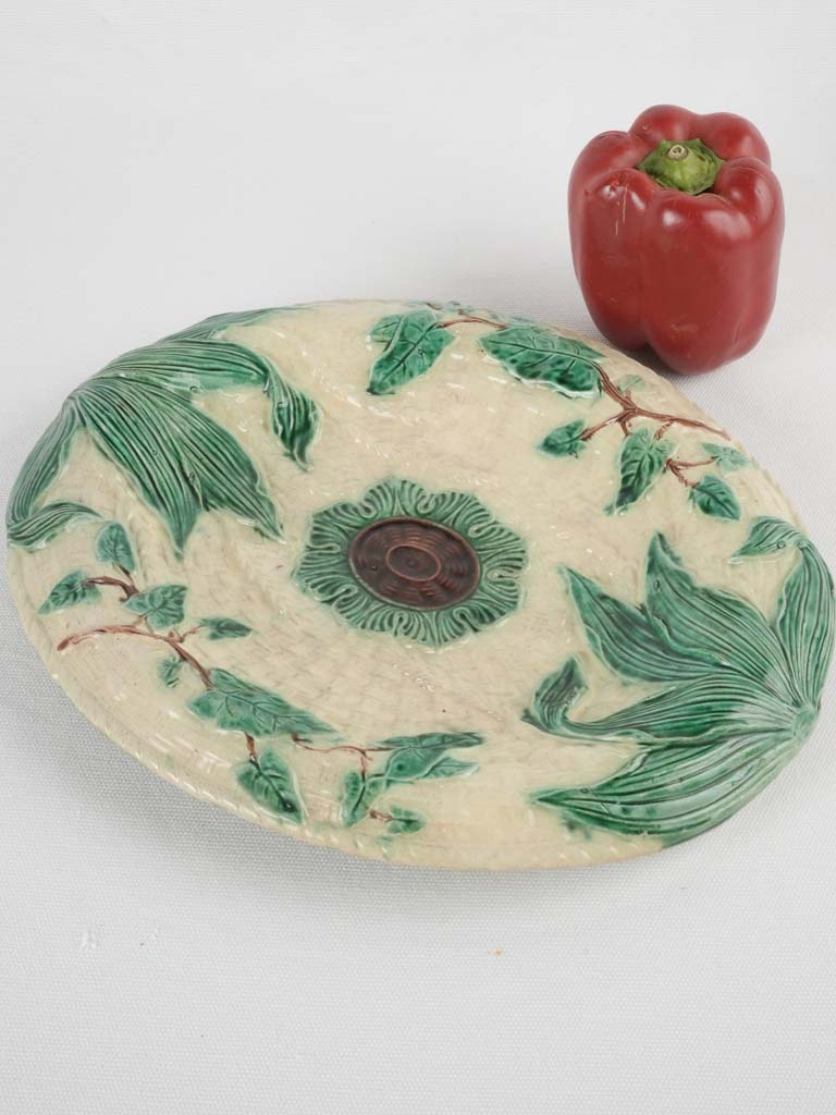 Antique majolica oval platter w/ woven basket rendering 13"