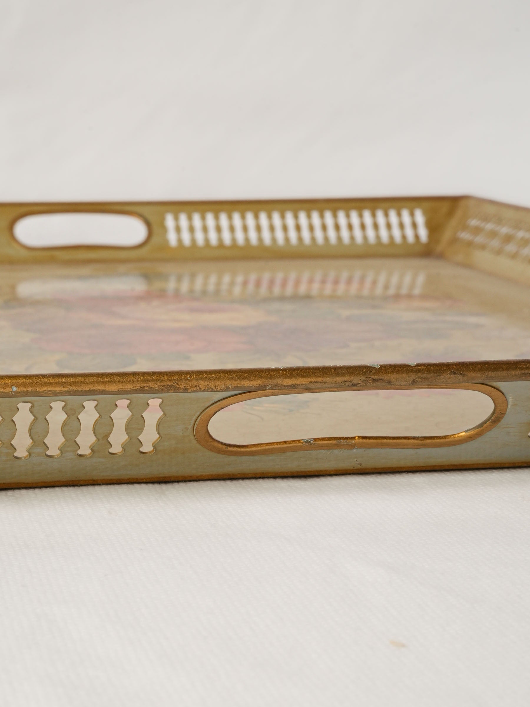 Mid-20th-Century French Painted Metal Serving Tray with Floral Bouquet - 20"