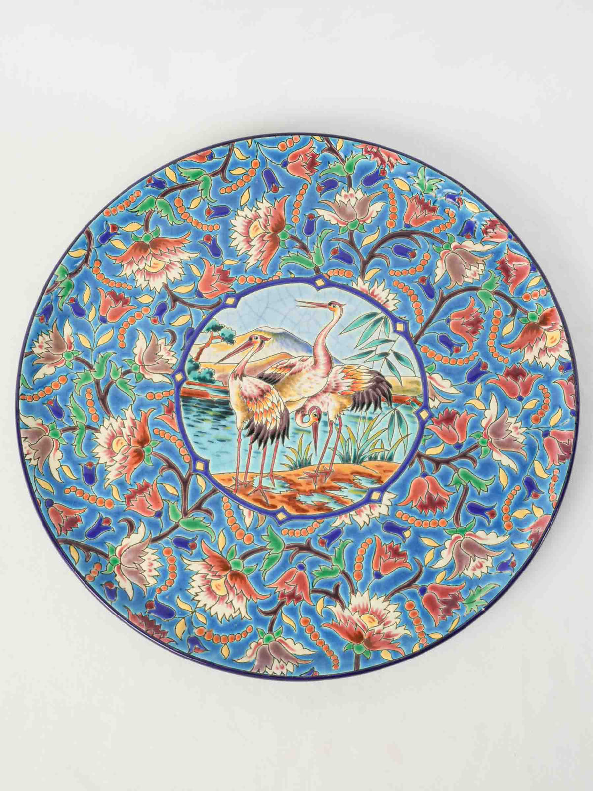 Large Art Deco "Émaux de Longwy" Decorative Dish w/ Japanese Cranes - 14¼"