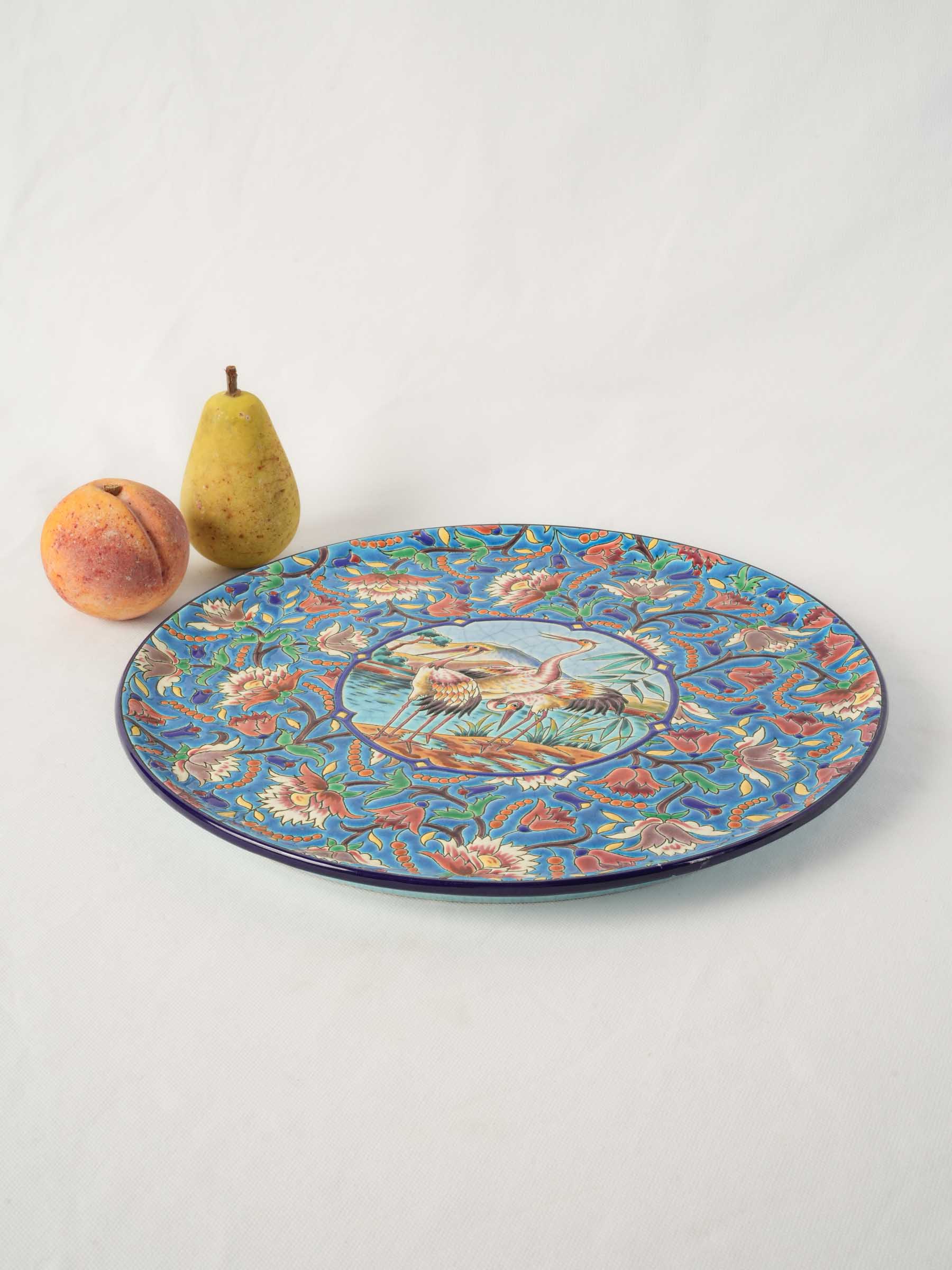Large Art Deco "Émaux de Longwy" Decorative Dish w/ Japanese Cranes - 14¼"
