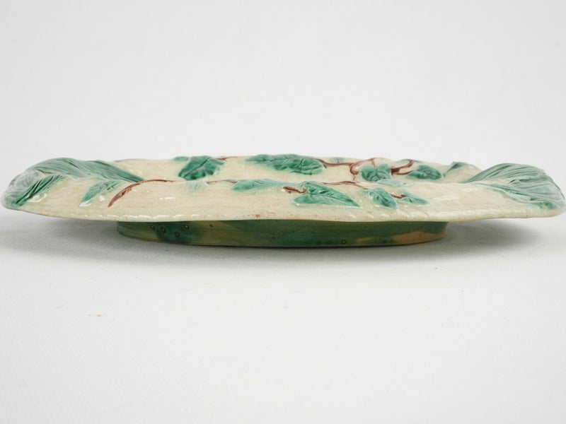 Antique majolica oval platter w/ woven basket rendering 13"