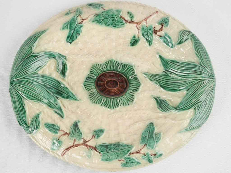 Antique majolica oval platter w/ woven basket rendering 13"