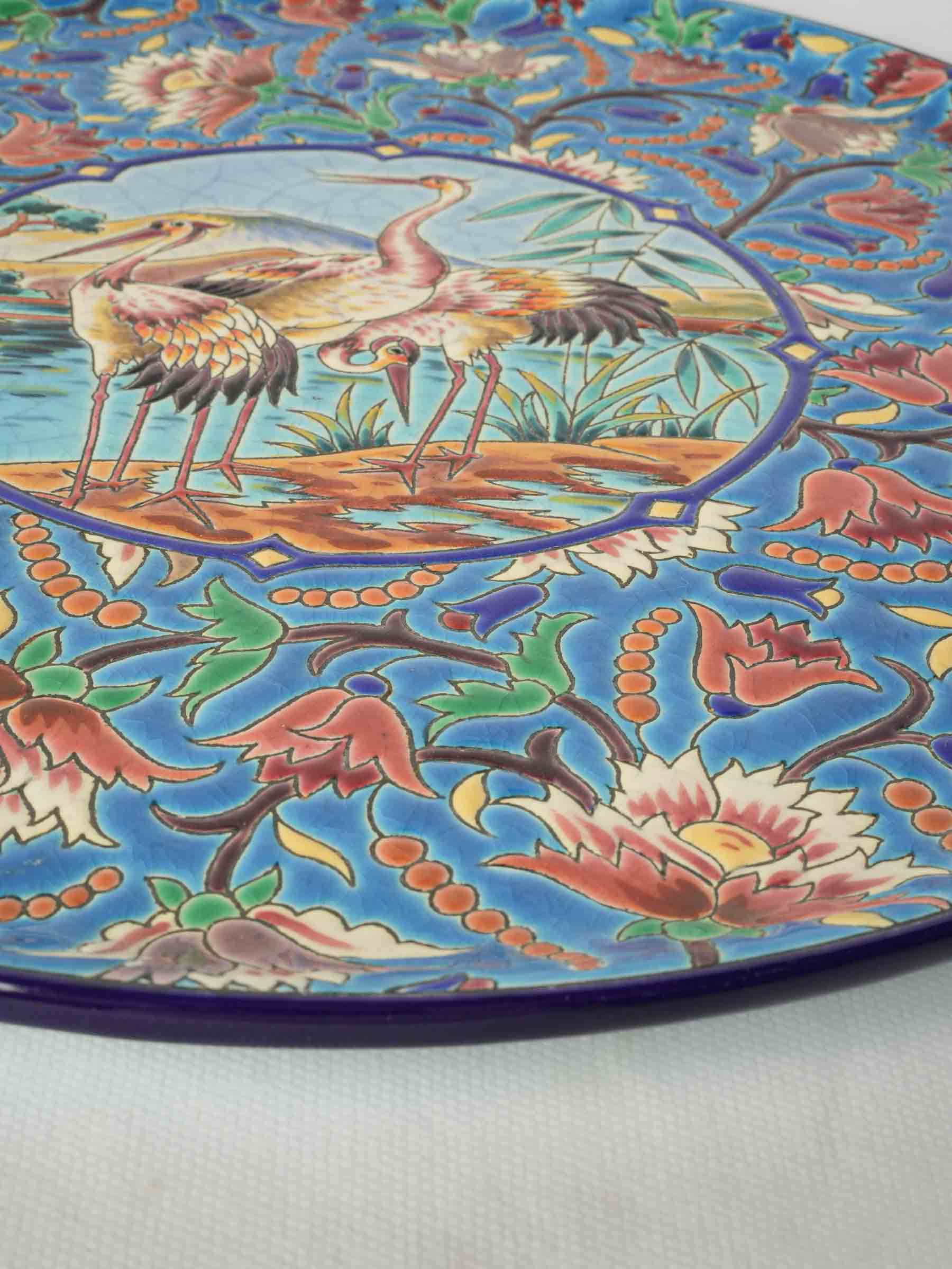 Large Art Deco "Émaux de Longwy" Decorative Dish w/ Japanese Cranes - 14¼"