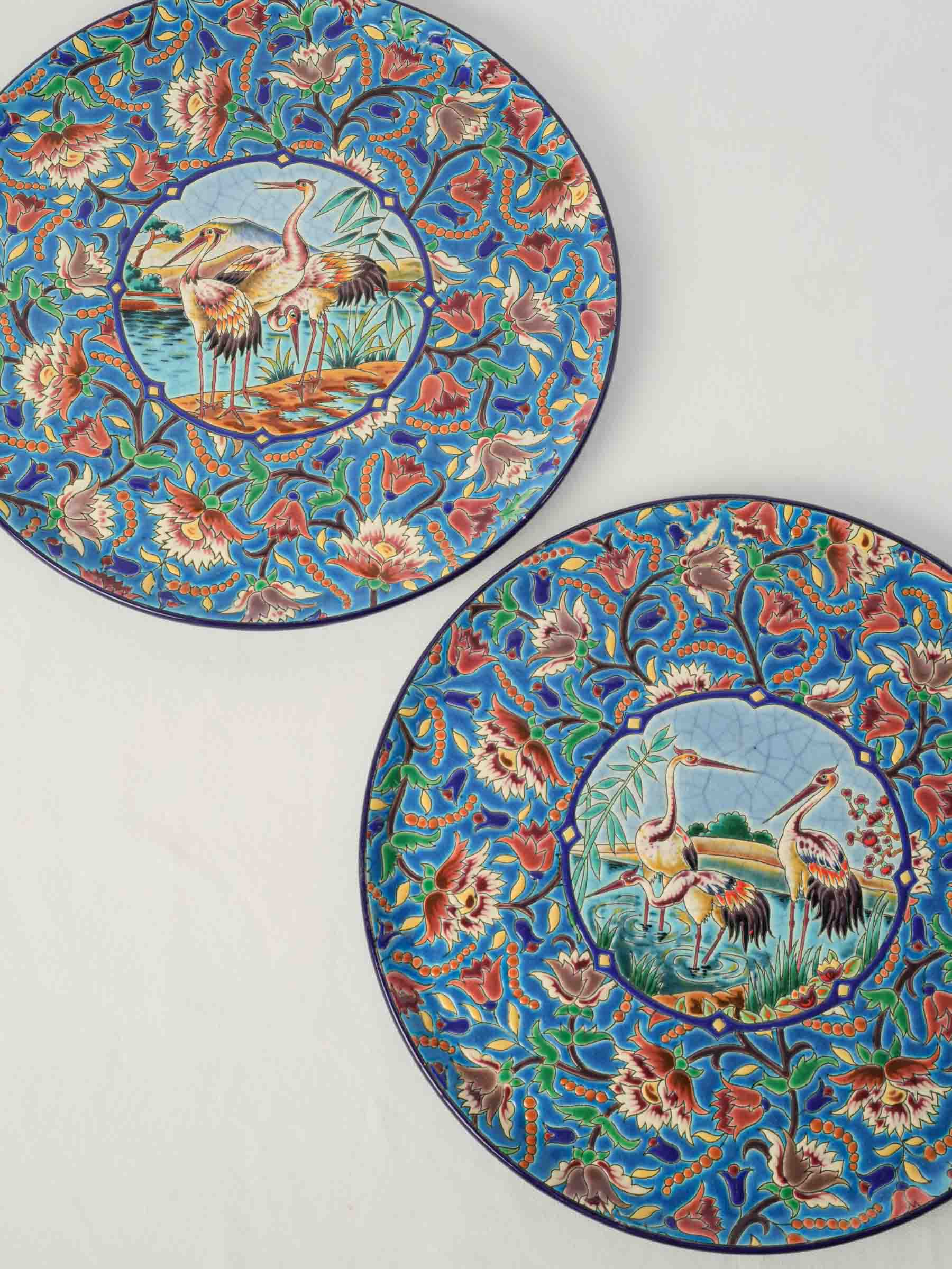 Large Art Deco "Émaux de Longwy" Decorative Dish w/ Japanese Cranes - 14¼"
