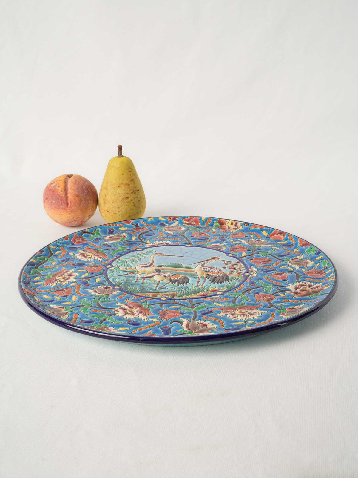 Large 1950s Longwy Enamel Dish with Cranes Among Bamboo and Reeds - 14¼"