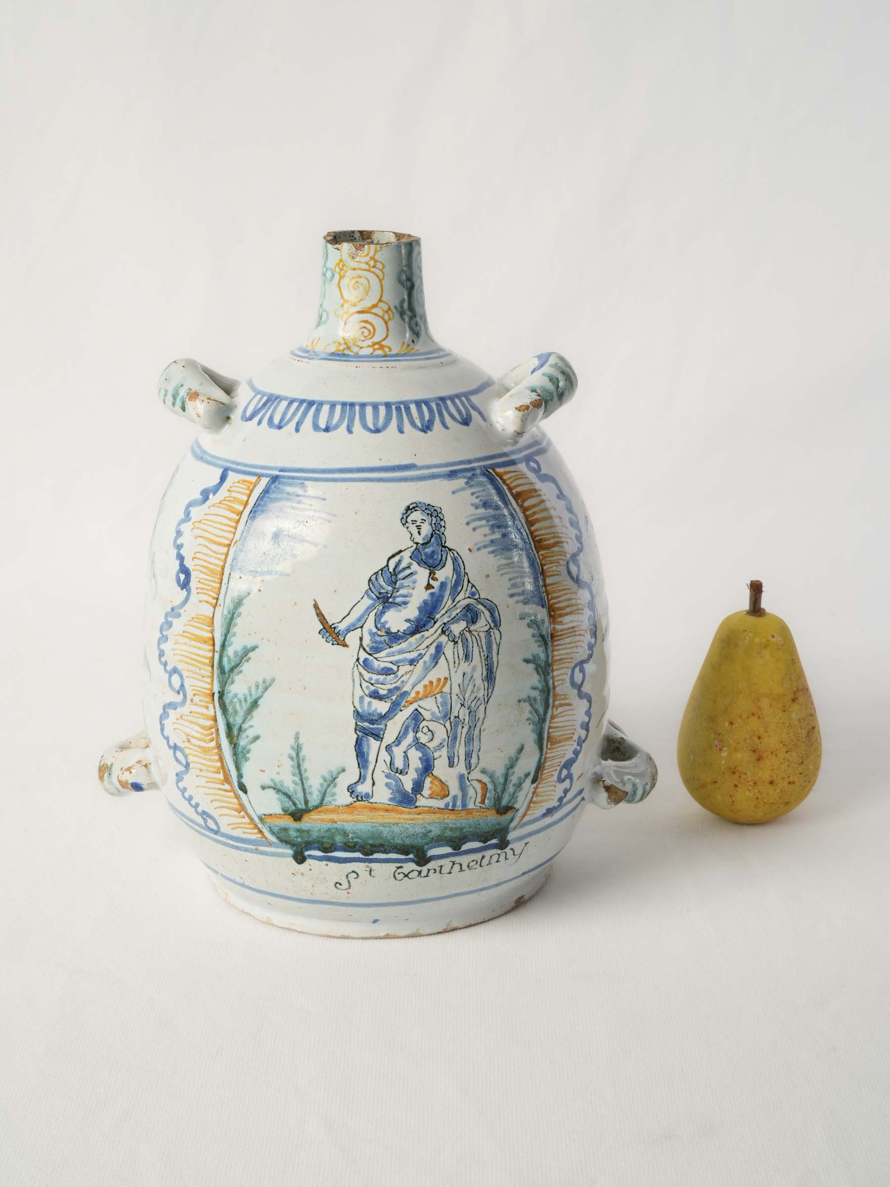 18th-Century French Faience Pilgrim Flask with Saint Bartholomew Decoration - 11¾"