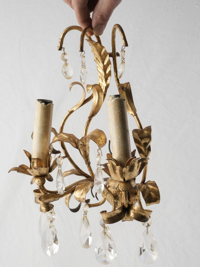 Petite Mid-Century French Gilt Tole Two-Light Sconce w/ Crystal Drops - 13¾"