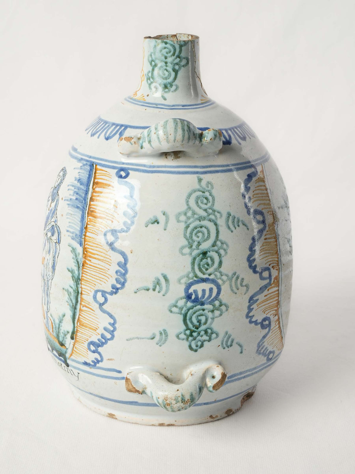 18th-Century French Faience Pilgrim Flask with Saint Bartholomew Decoration - 11¾"
