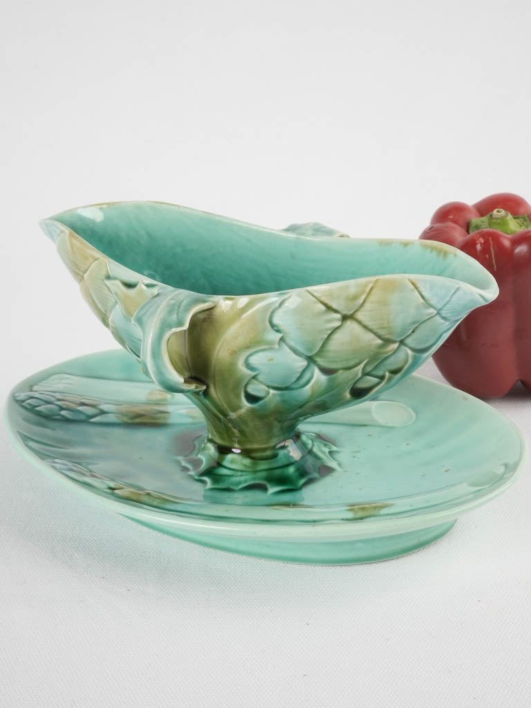 Turqoise asparagus & artichoke Luneville Majolica sauce boat - late 19th century 10¾"