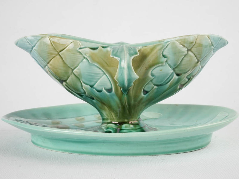 Turqoise asparagus & artichoke Luneville Majolica sauce boat - late 19th century 10¾"