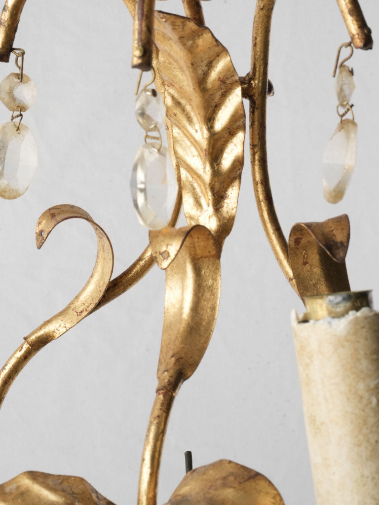 Petite Mid-Century French Gilt Tole Two-Light Sconce w/ Crystal Drops - 13¾"