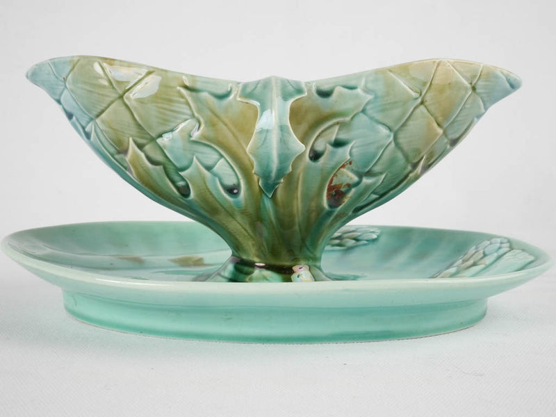 Turqoise asparagus & artichoke Luneville Majolica sauce boat - late 19th century 10¾"